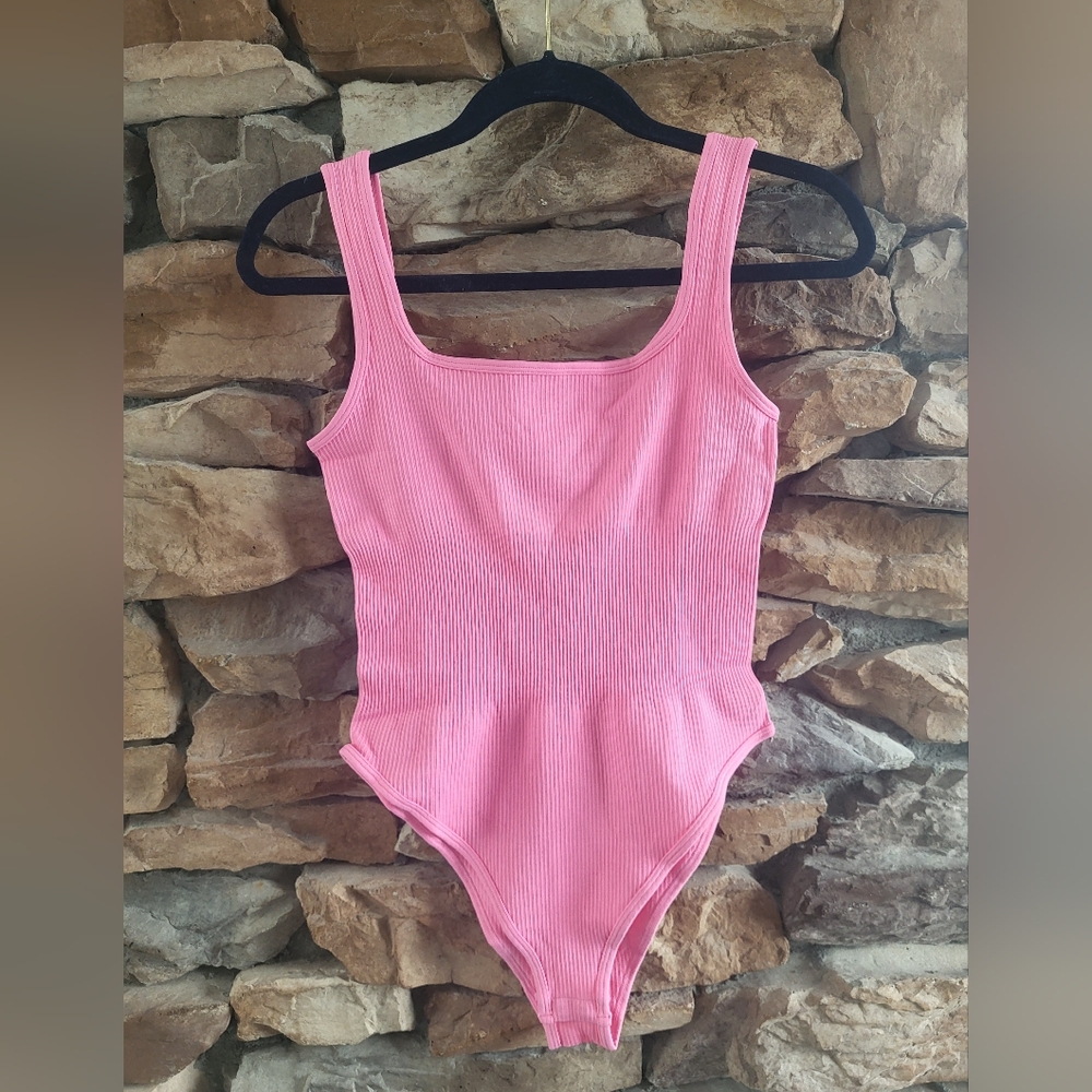 Pink Ribbed Tummy Control Bodysuit